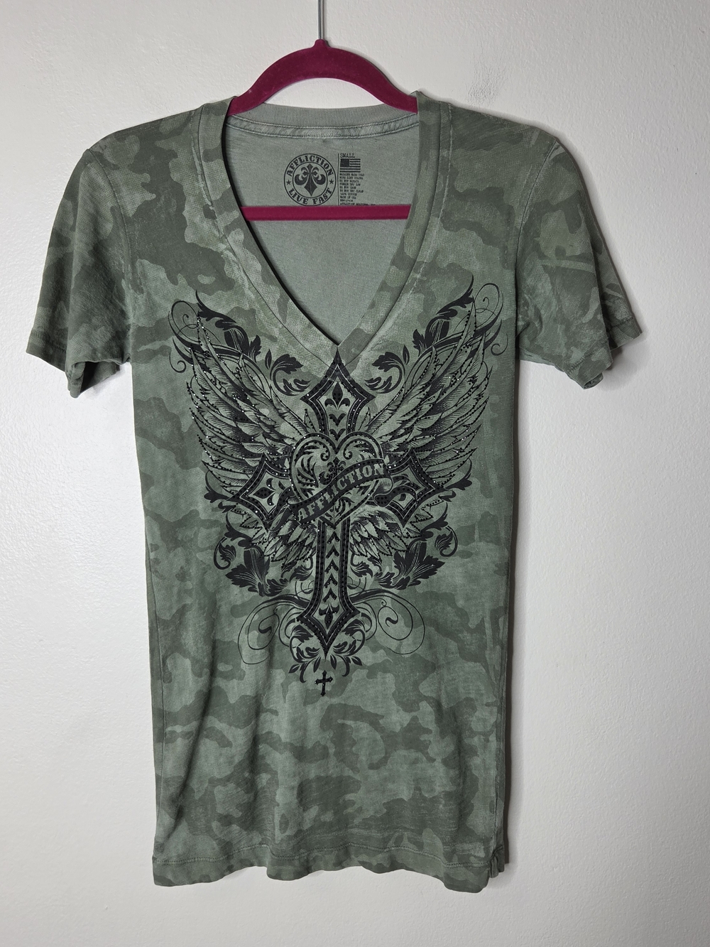 Affliction Green Camo V-Neck Tee with Winged Cross Graphic